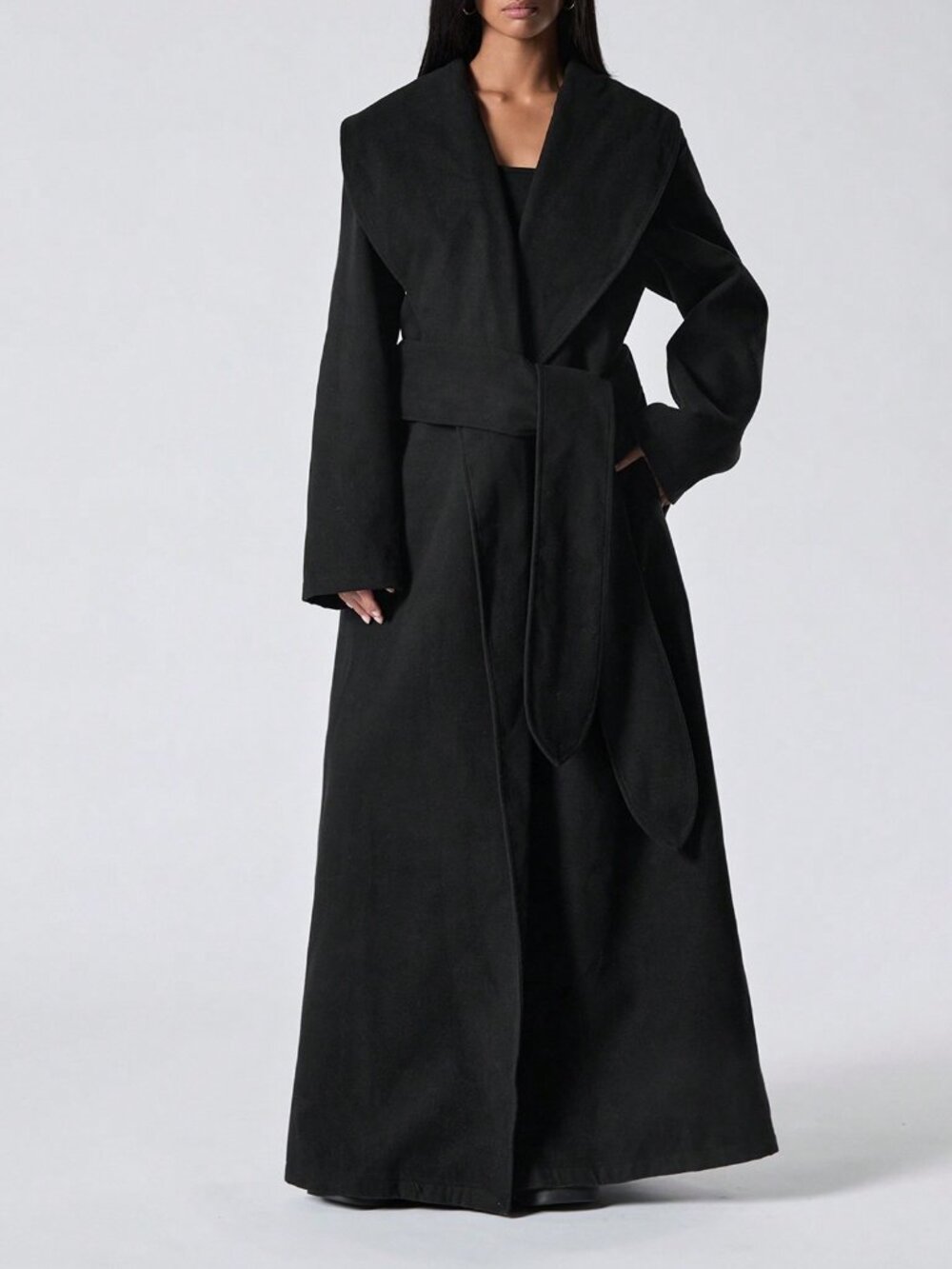 Black Elegant Women's Long Belted Pocket Loose Comfy Long Sleeve Jacket coat - Picture 6 of 6